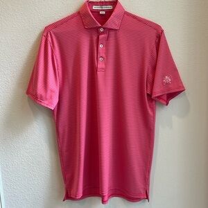 Holderness & Bourne Men’s golf polo. Fuchsia pink & white stripe.  Size Med